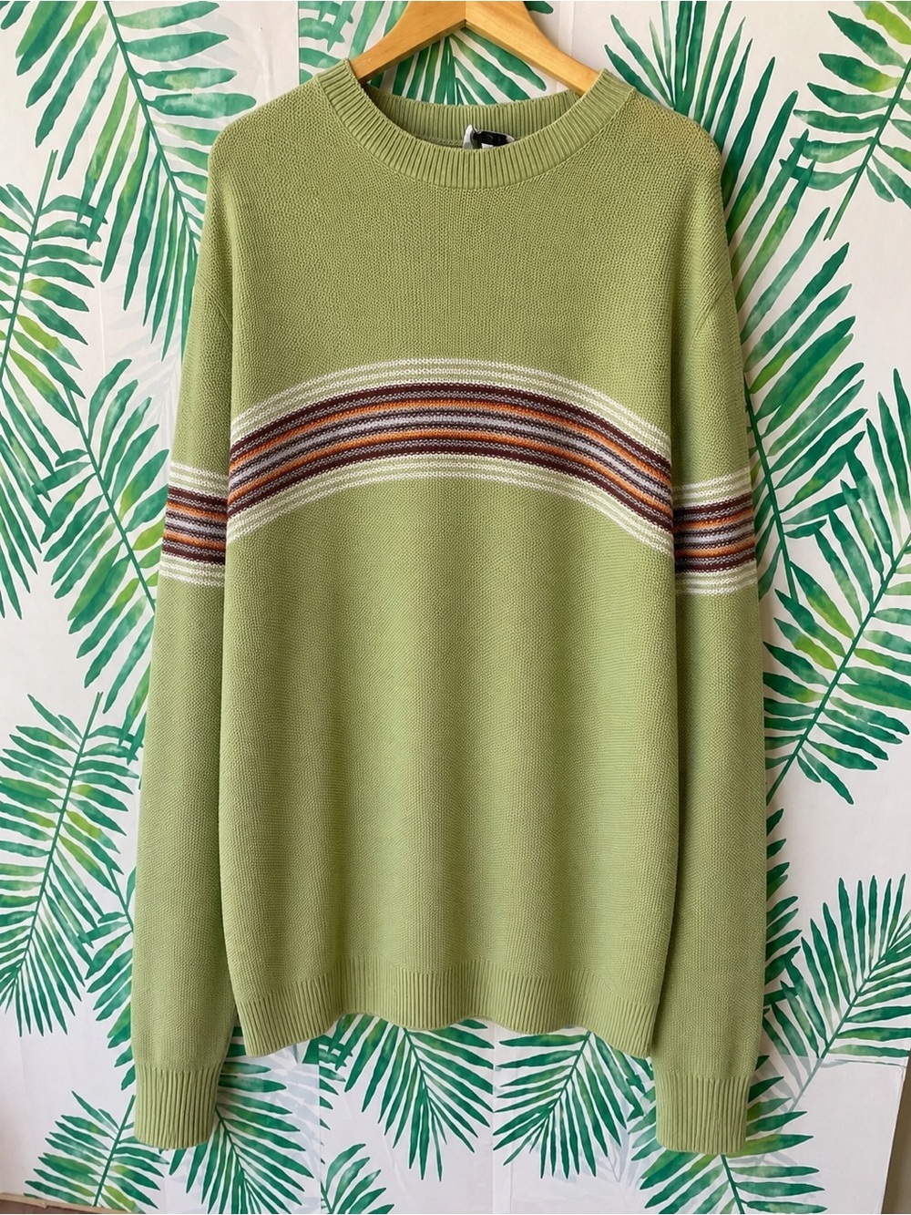Free People Light Green Crewneck Sweater with Multi-Stripe
